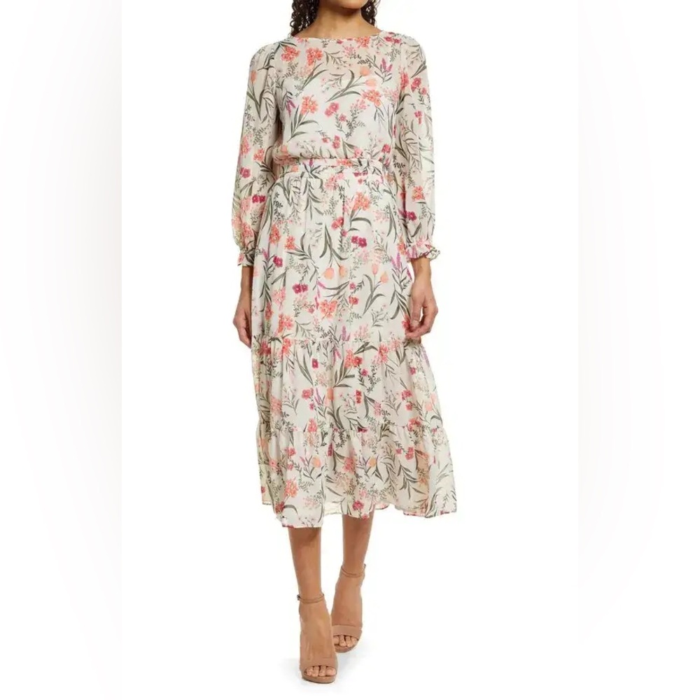 Eliza J Floral Long Sleeve Tiered Midi Dress